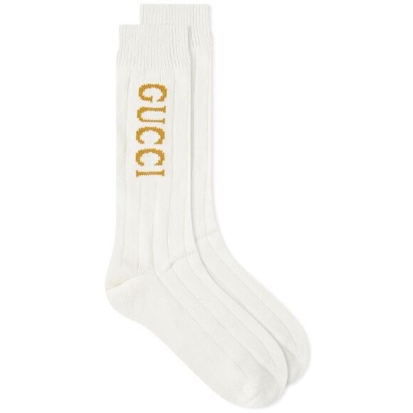 NEW Gucci Logo Socks Unisex White Wool 100% Authentic Gold Size L
